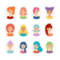 ensemble de belles femmes avec différentes coiffures et couleurs de cheveux. collection d'avatars de filles mignonnes. illustration vectorielle isolée sur fond blanc. style plat. vecteur