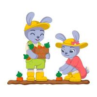 les lapins récoltent des carottes dans le jardin. lapin travaille dans le kailyard. agriculture, jardinage. illustration de vecteur enfants isolé sur fond blanc.