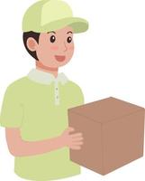 vecteur de livraison homme courrier paquet permanent en portant dessin animé boîte souriant content visage illustration