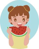 mignonne enfant jolie peu fille avec deux chignon sur cheveux content visage en mangeant en bonne santé nourriture fruit pastèque illustration vecteur