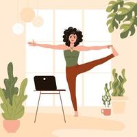 fille en pose de yoga à la maison. jeune femme répète l'instructeur d'exercice et regarde les cours en ligne sur ordinateur portable. illustration vectorielle plane vecteur