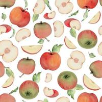 main tiré aquarelle Pomme des fruits, mûr, plein et tranches rouge et vert avec feuilles. sans couture modèle. isolé objet sur blanc Contexte. conception pour mur art, mariage, imprimer, tissu, couverture, carte. vecteur