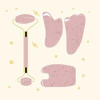 main tiré Rose quartz rouleau et gua sha ensemble vecteur