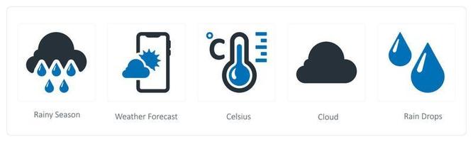 une ensemble de 5 temps Icônes tel comme pluvieux saison, temps prévoir et celsius vecteur