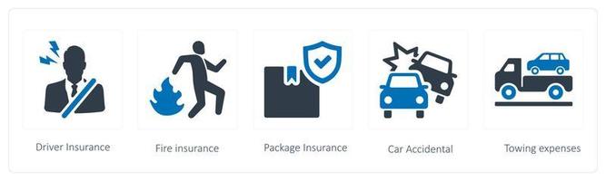 une ensemble de 5 Assurance Icônes tel comme chauffeur assurance, Feu et paquet Assurance vecteur