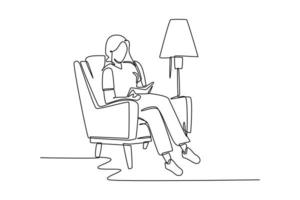 continu une ligne dessin femme en train de lire une livre sur le canapé avec une permanent lampe. vivant pièce concept Célibataire ligne dessiner conception graphique vecteur illustration