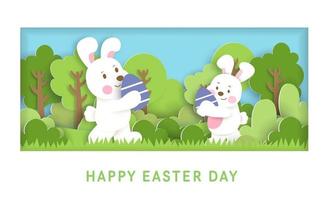 carte de jour de Pâques avec des lapins mignons et des oeufs de Pâques. vecteur