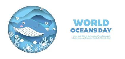 bannière de la journée mondiale des océans avec un dauphin mignon dans un style papier découpé. vecteur