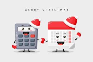 jolie calculatrice et calendrier, mascotte tenant par la main portant des vêtements de Noël vecteur