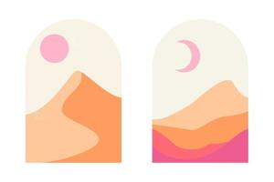 ensemble de abstrait Montagne et désert paysages dans arches dans un esthétique, minimaliste milieu du siècle style dans doux rose et le sable couleurs. boho style paysage avec soleil, lune et le sable dunes à le coucher du soleil. vecteur