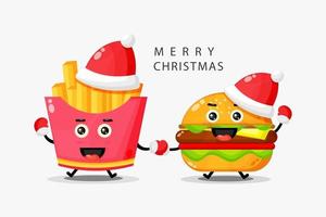 De jolies frites et des hamburgers de mascotte célèbrent le jour de Noël vecteur