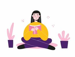 le fille lit livre séance dans lotus position. Jeune femme se détendre à Accueil avec Littérature vecteur