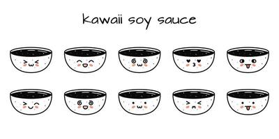 ensemble de kawaii soja sauce bol Sushi mascottes dans dessin animé style. vecteur