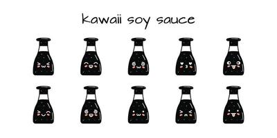 ensemble de kawaii soja sauce bouteille mascottes dans dessin animé style vecteur