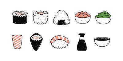 ensemble de kawaii Sushi mascottes dans dessin animé style. différent les types de Sushi vecteur