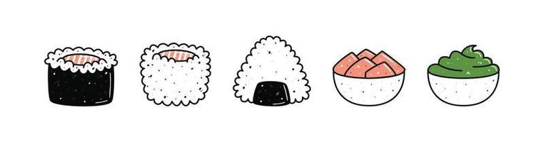 ensemble de kawaii Sushi mascottes dans dessin animé style. différent les types de Sushi vecteur