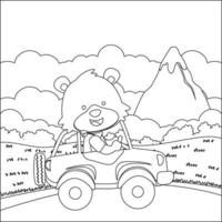 mignonne peu animal conduite une voiture aller à forêt marrant animal dessin animé, branché les enfants graphique avec ligne art conception main dessin esquisser vecteur illustration pour adulte et des gamins coloration livre.