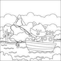 marrant animal dessin animé vecteur sur peu bateau avec dessin animé style, branché les enfants graphique avec ligne art conception main dessin esquisser pour adulte et des gamins coloration livre ou page