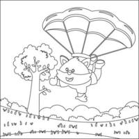 vecteur dessin animé illustration de parachutisme avec peu Renard avec dessin animé style puéril conception pour des gamins activité coloration livre ou page.