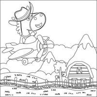 dessin animé illustration de mignonne cheval en volant dans un avion avec ligne art conception main dessin esquisser vecteur illustration pour adulte et des gamins coloration livre.