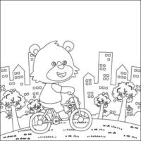 mignonne peu ours équitation vélo. branché les enfants graphique avec ligne art conception main dessin esquisser vecteur illustration pour adulte et des gamins coloration livre.