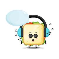 mascotte de sandwich mignon écoutant de la musique vecteur