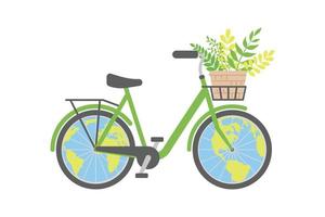 éco amical mode de transport. vélo avec panier de fleurs, globe. concept de en bonne santé mode de vie. sûr vélo. voiture gratuit journée. pour affiche, bannière, Contexte et fond d'écran. vecteur illustration