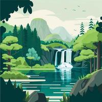 serein la nature paysage avec lac, cascade et luxuriant vert des arbres. plat vecteur illustration idéal pour social médias des postes et les publicités
