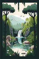 serein la nature paysage avec lac, cascade et luxuriant vert des arbres. plat vecteur illustration idéal pour social médias des postes et les publicités