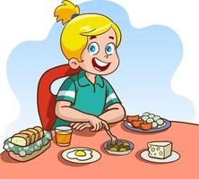 fille ayant petit déjeuner dessin animé vecteur
