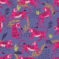 sans couture modèle avec main tiré exotique gros chat tigre, dans brillant rose, avec tropical les plantes et abstrait éléments sur violet Contexte. coloré plat vecteur illustration