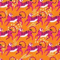 sans couture modèle avec main tiré exotique gros chat tigre, dans brillant rose sur vibrant Orange Contexte. coloré plat vecteur illustration