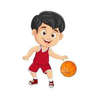 vecteur dessin animé peu garçon en jouant basketball