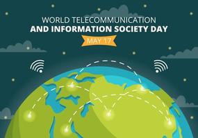 monde télécommunication et information société journée sur mai 17 illustration avec les communications réseau à travers Terre globe dans main tiré modèles vecteur