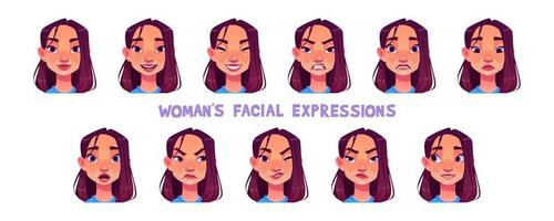 asiatique femme faciale expressions isolé sur blanc vecteur