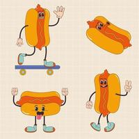 dessin animé personnage rétro chaud chien nourriture Années 70 rue aliments. dans branché sensationnel hippie rétro style. vecteur