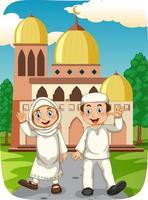 personnage de dessin animé de soeur et frère musulman avec mosquée vecteur
