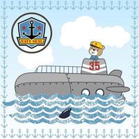 mignonne ours sur sous-marin avec marine joint logo sur bleu ciel Contexte dans ancre Cadre frontière, vecteur dessin animé illustration