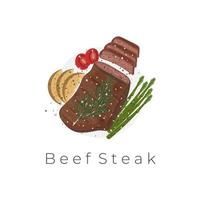 juteux du boeuf steak vecteur illustration logo grillé et servi avec Frais asperges tomates et patates