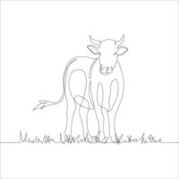 vache avec herbe dans continu ligne art dessin style. continu ligne dessin de bétail avec herbe. vache dans abstrait et minimaliste linéaire icône. vecteur illustration