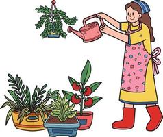 Jeune femme arrosage les plantes illustration dans griffonnage style vecteur