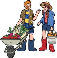 jardinier avec une Chariot avec des légumes illustration dans griffonnage style vecteur
