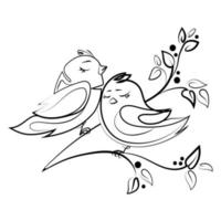 couple de l'amour des oiseaux sur une branche avec feuilles ligne art dessin vecteur illustration.deux mignonne des oiseaux noir et blanc esquisser modèle pour Emblème, logo, impression, coloration et autre conception