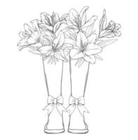 noir et blanc coloration avec caoutchouc bottes et une bouquet de fleurs. vecteur illustration main tiré dans contour avec bottes dans lequel lis fleurs