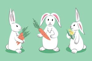 mignonne blanc lapins avec carottes et tulipes dans pattes. isolé illustration sur pastel vert Contexte. dessin animé vecteur personnages. salutation carte, affiche