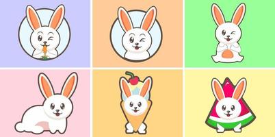 Pâques mignonne content lapin lapin vecteur personnages ensemble. Pâques lapin ou lapin, mignonne dessin animé printemps personnage illustration