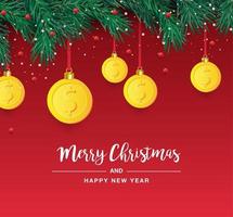 Noël arbre branche avec décoratif or dollar symbole. dollar signe comme Noël babiole pendaison sur pin brindille vecteur