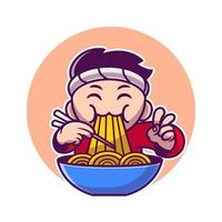 homme en mangeant ramen nouille avec baguettes dessin animé vecteur icône illustration. gens nourriture icône concept isolé prime vecteur. plat dessin animé style