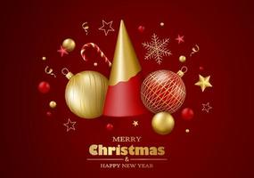 joyeux Noël et content Nouveau année Contexte. rouge et or 3d objets. Noël arbre, des balles et or décor.