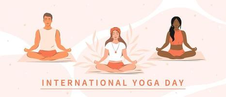 international yoga journée. divers gens pratiquant yoga ensemble et méditer. vecteur illustration